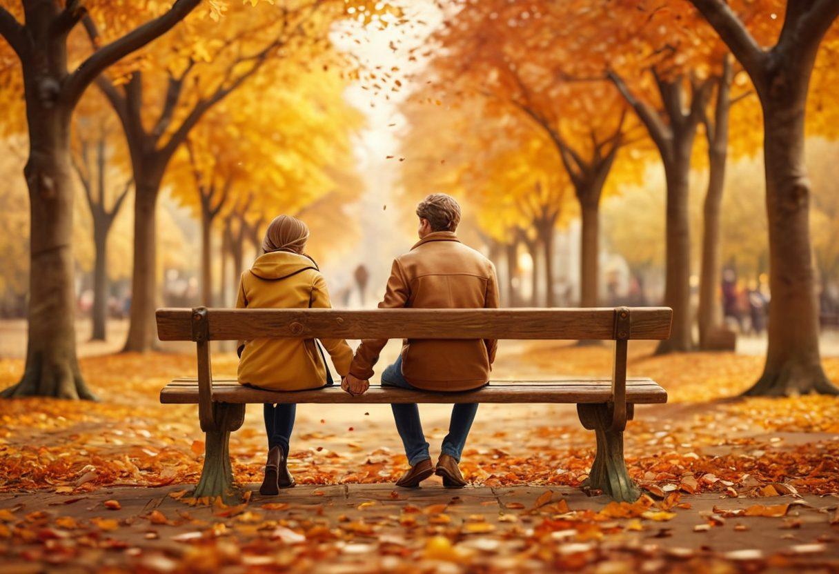 A couple holding hands with intertwined fingers, walking through a picturesque park in autumn, leaves gently falling around them, golden hues creating a warm ambiance. A cozy bench with a heart carved into it nearby, symbolizing their growing commitment. super-realistic. vibrant colors. soft focus for a dreamy effect.