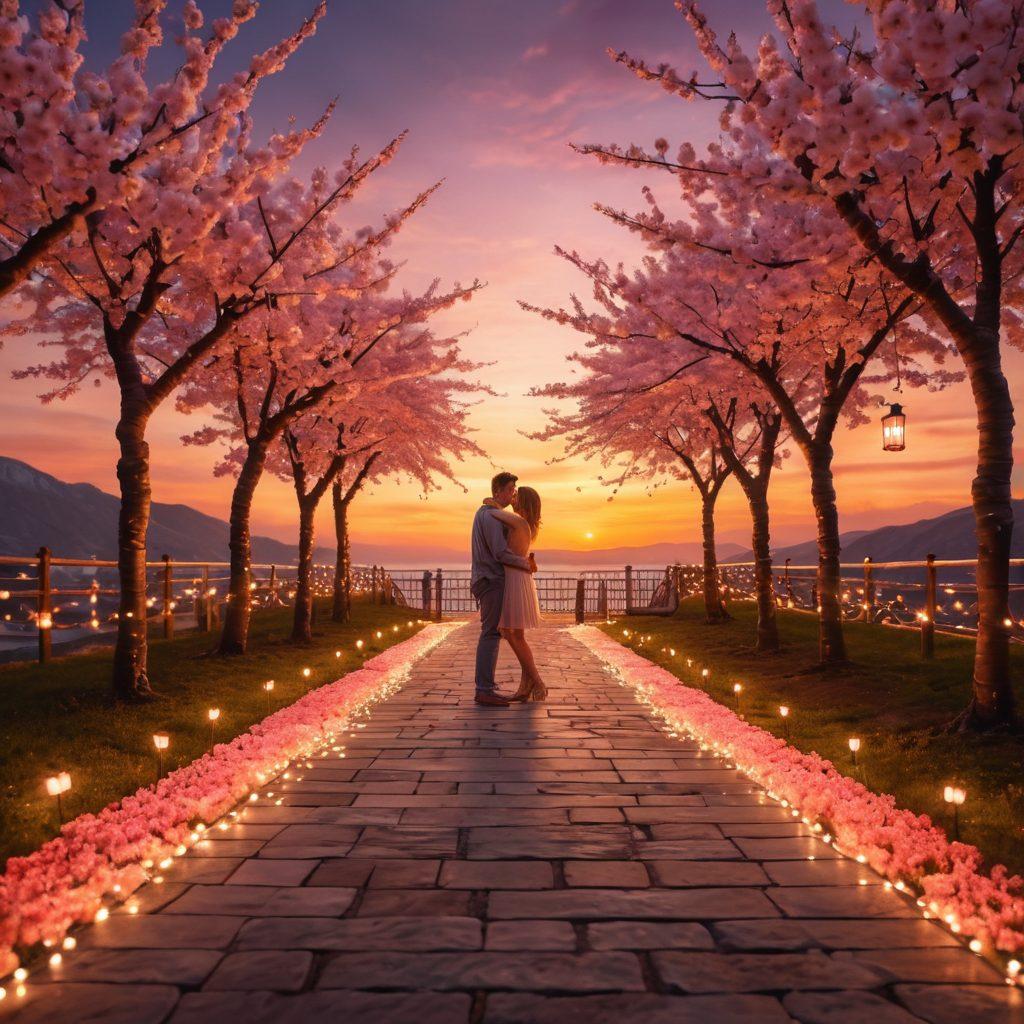 A couple in a warm embrace, standing on a picturesque pathway lined with cherry blossom trees, symbolizing the journey of love from first dates to a lifelong bond. They are surrounded by soft, glowing lights, with a sunset casting a golden hue, evoking feelings of romance and connection. Detailed expressions of joy and tenderness are visible on their faces. Super-realistic. Vibrant colors. Warm lighting.