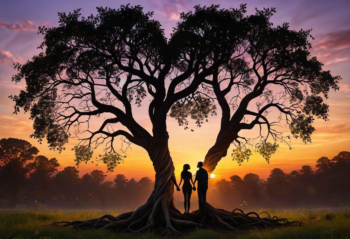 A heart-shaped tree with intertwining roots and branches, symbolizing trust and growth; a couple sitting under it, holding hands, with radiant smiles and a sunset in the background. The tree's branches form a canopy of vibrant leaves in the shape of a heart, and fireflies illuminate the twilight. painting. vibrant colors. dreamlike. romantic atmosphere.